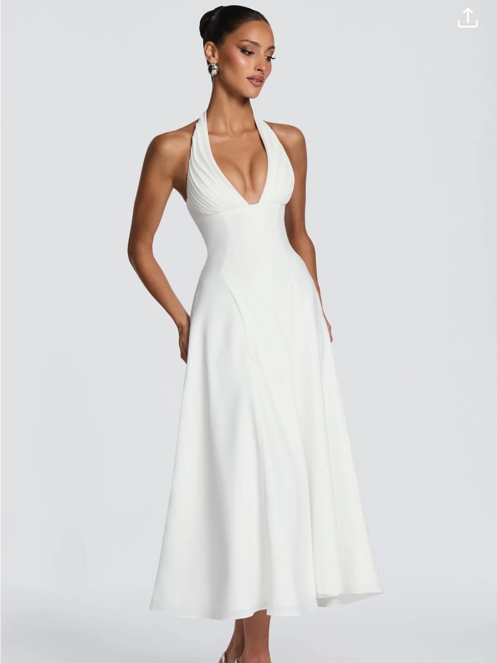 Halter Midi Dress in White with Plunging Neckline - Picture 3 of 6